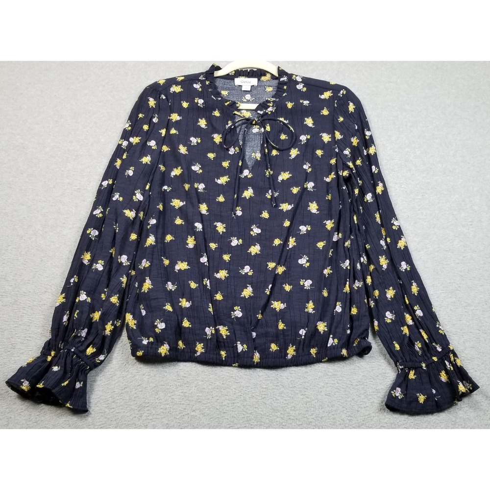 CeCe Top Womens M Medium Blue Yellow Floral Tie Neck Long Sleeve Texture Spring